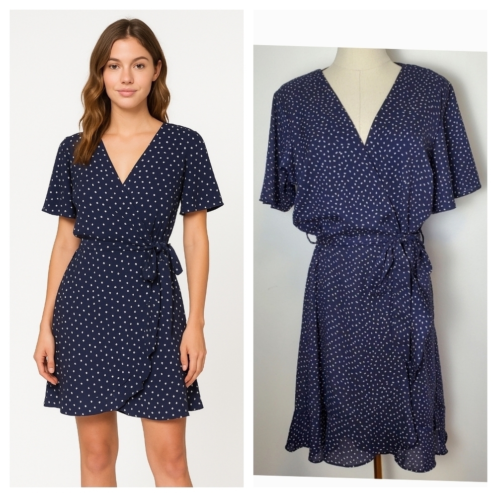 She + Sky Navy and white Faux Wrap Belted Dress